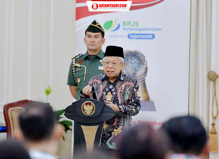 Wakil Presiden RI, Ma`ruf Amin saat menyampaikan pesan kepada Kepala Daerah Penerima Paritrana Award 2023